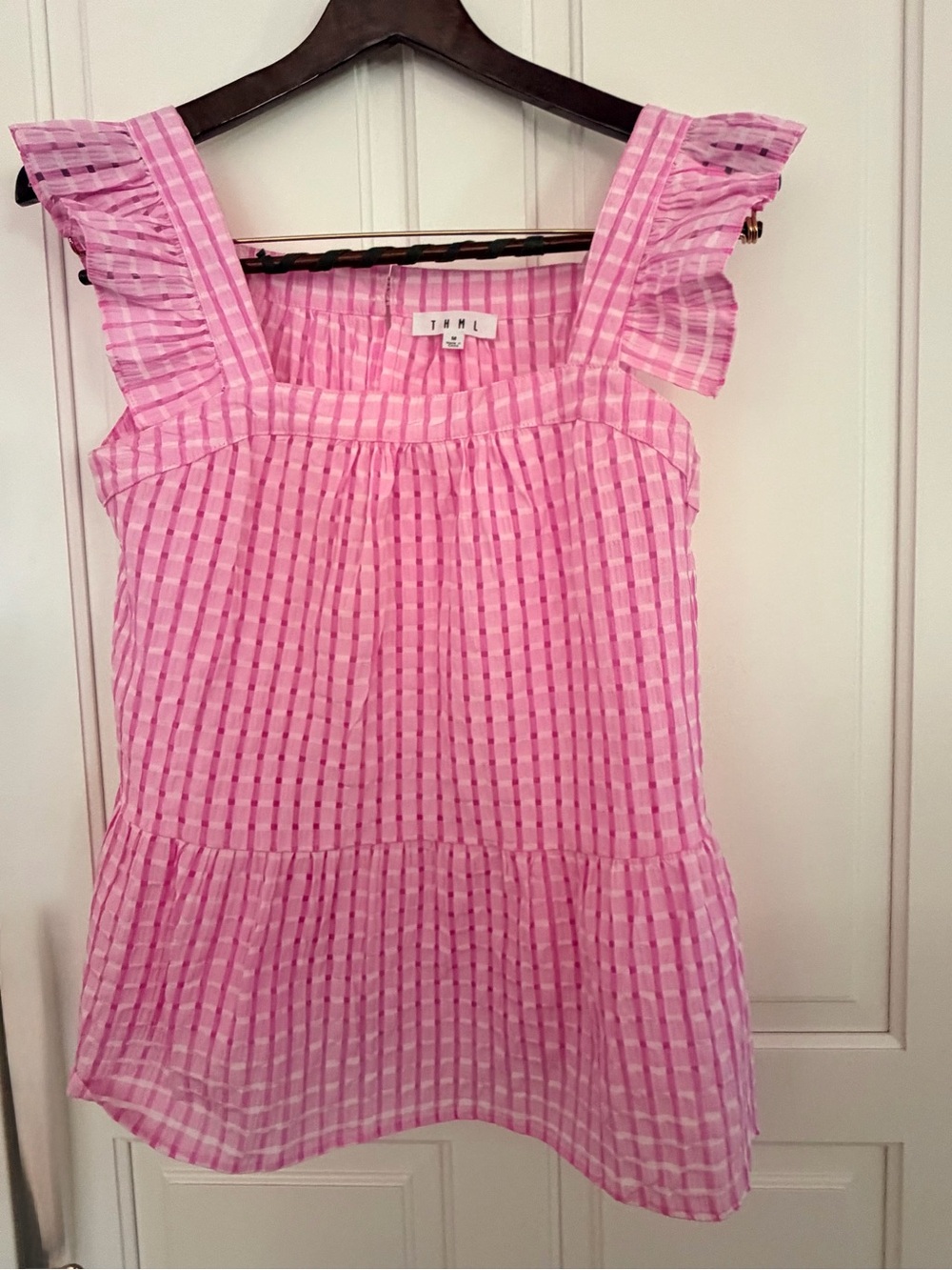 THML Pink Gingham Checkered Ruffle Strap Top